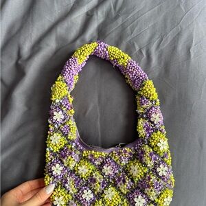 Zara Purple and Yellow Beaded Floral Shoulder Bag